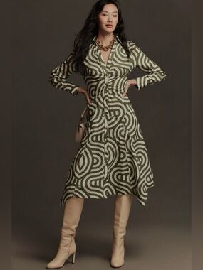 Anthropologie Poplin Shirt Dress NWT size 2 Green Abstract Button Front Midi